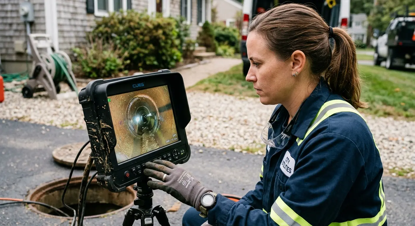 Technician reviewing sewer camera inspection footage in Keyport