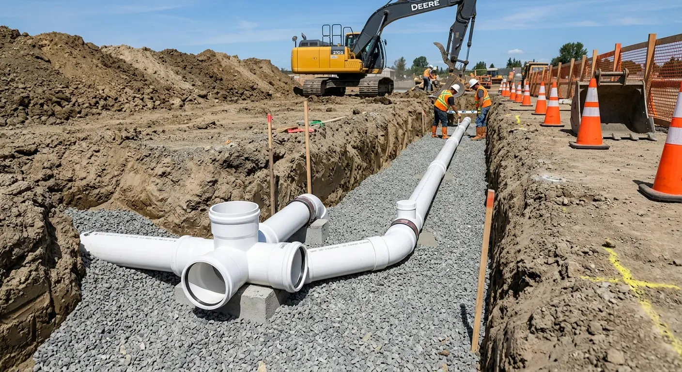 New PVC sewer pipe installation in open trench for Sewer Backup in Keyport