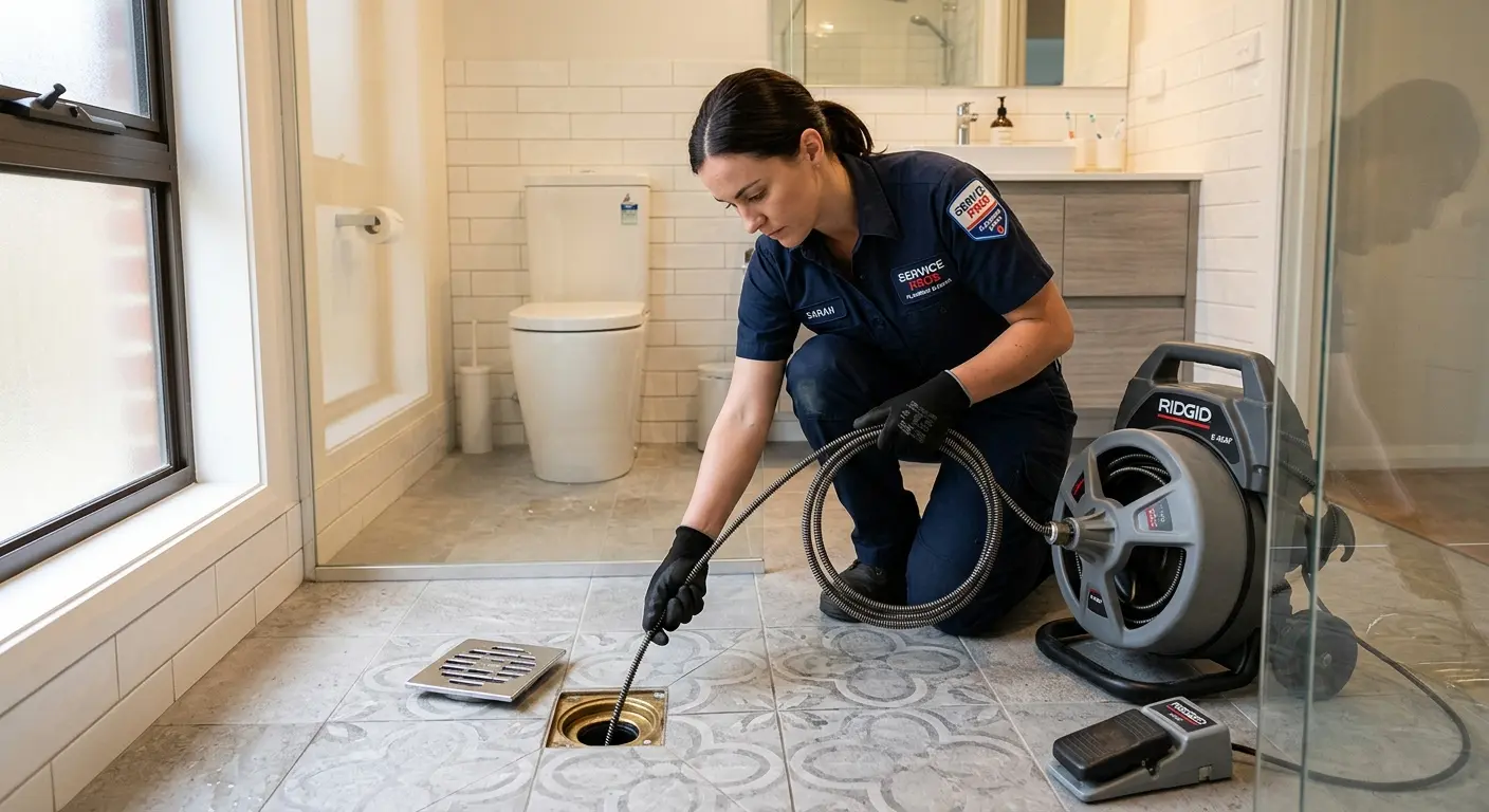 Technician clearing a bathroom floor drain for Drain Cleaning in Keyport